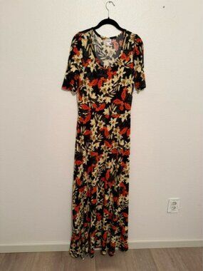 NWT Size L LuLaRoe Ana Black Maxi Dress with Red and Cream Floral Print